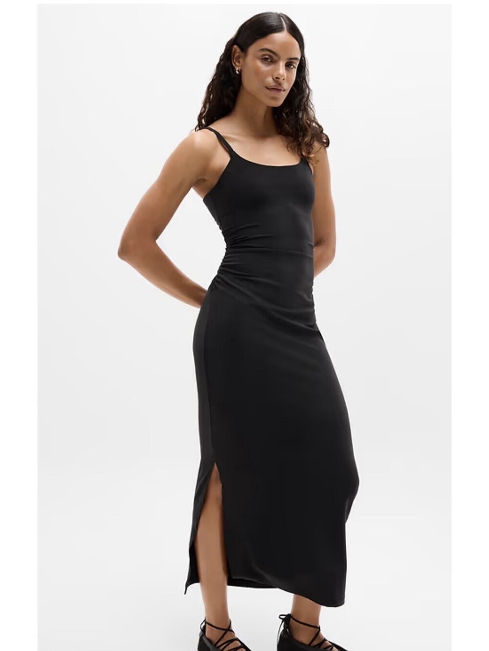 Athleta S SMALL Transcend Maxi Dress Black Tank Padded Shelf Bra Long Slit NWT
